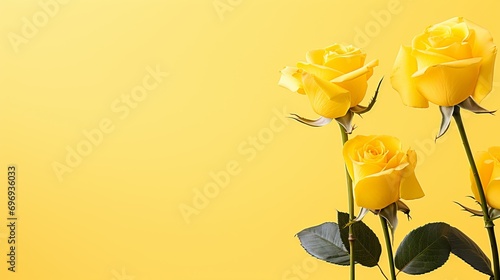 Fototapeta Naklejka Na Ścianę i Meble -  Yellow rose on right side against yellow isolated background with copy space for text placement