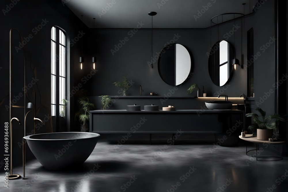 Dark bathroom wall mockups interior with concrete floor, black bathtub ...