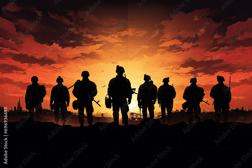 Silhouette of a group of soldier in the forest at sunset Silhouette of a group of soldier in the forest at sunset