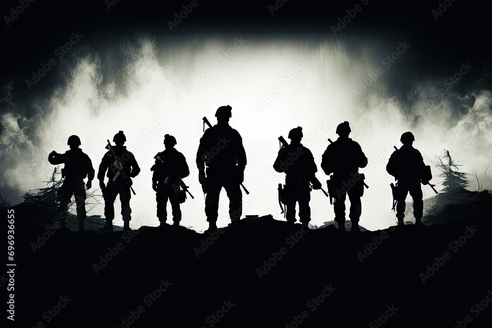 Silhouette of a group of soldier in the forest at sunset Silhouette of a group of soldier in the forest at sunset