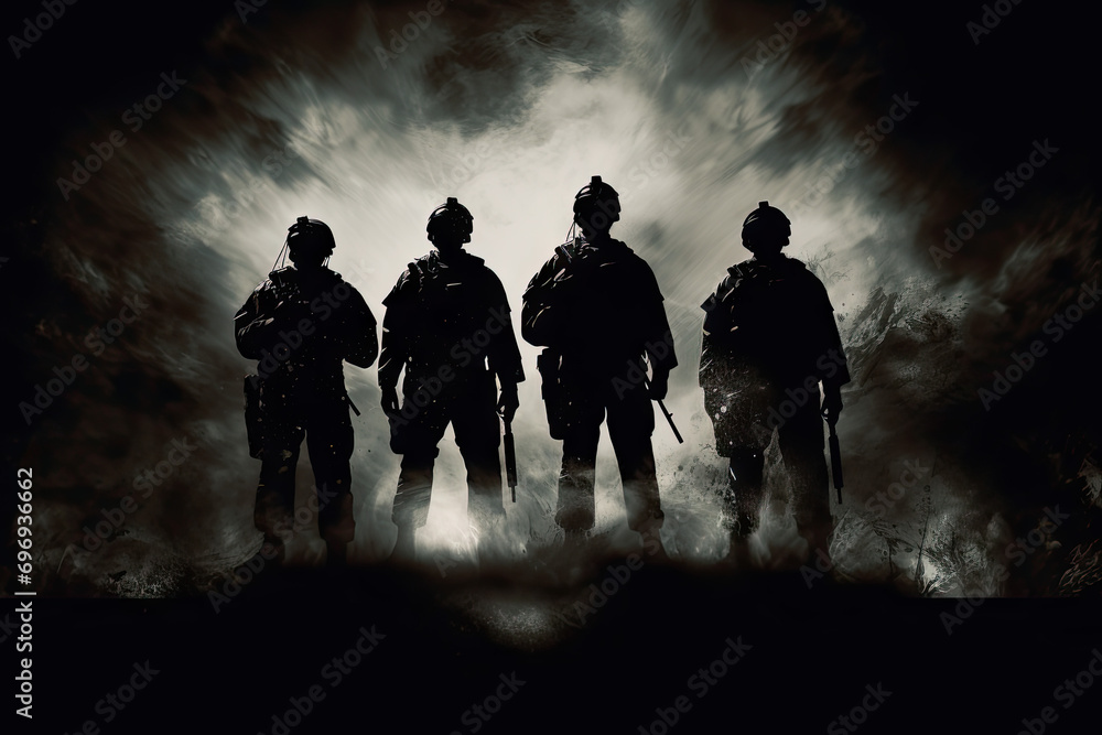Silhouette of a group of soldier in the forest at sunset Silhouette of a group of soldier in the forest at sunset