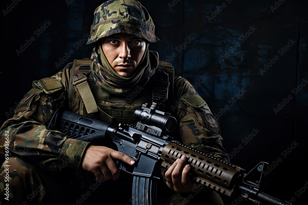 Portrait of a young soldier with assault rifle on dark background.