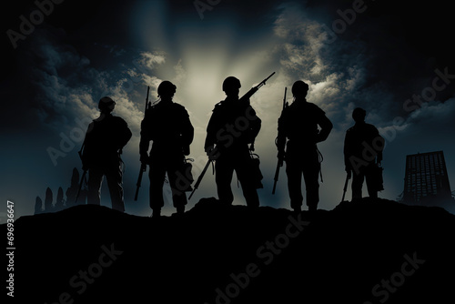 Silhouette of a group of soldier in the forest at sunset