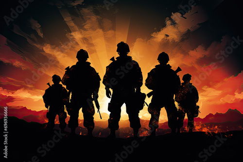 Silhouette of a group of soldier in the forest at sunset
