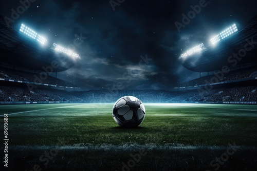Soccer ball on the field of stadium at night. Mixed media photo