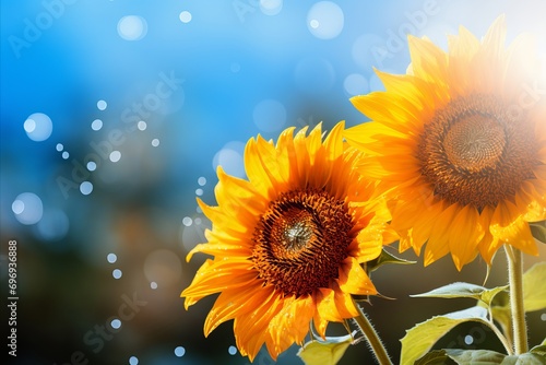 Yellow sunflower on right side against magical bokeh background with generous text space.