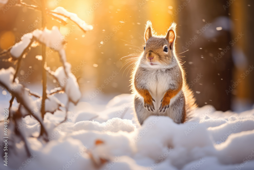 closeup shot of a cute little squirrel on the snowy ground closeup shot of a cute little squirrel on the snowy ground