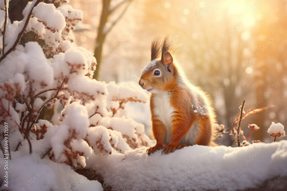 closeup shot of a cute little squirrel on the snowy ground closeup shot of a cute little squirrel on the snowy ground