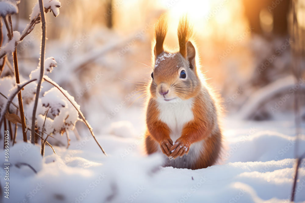 closeup shot of a cute little squirrel on the snowy ground closeup shot of a cute little squirrel on the snowy ground