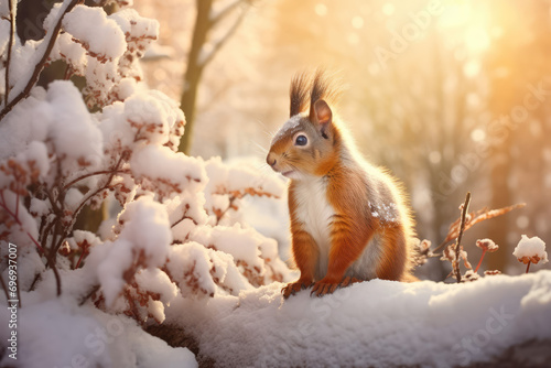 closeup shot of a cute little squirrel on the snowy ground