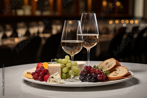 Romantic Evening. Exquisite Starter Selection, Cheese Assortment Plate, Grapes, and White Wine Pairing