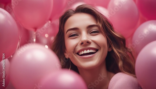Portrait of a satisfied excited laughing girl among pink helium balloons enjoying happy moment life © Adi