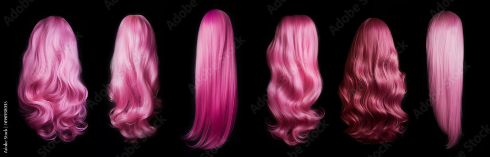 Pink hair set - isolated black background - Ideal for hair saloons and any other beauty, wellness, and hair treatment themes