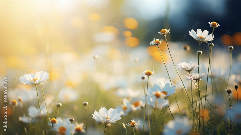 White daisy blossom on isolated magical bokeh background with copy space for text placement