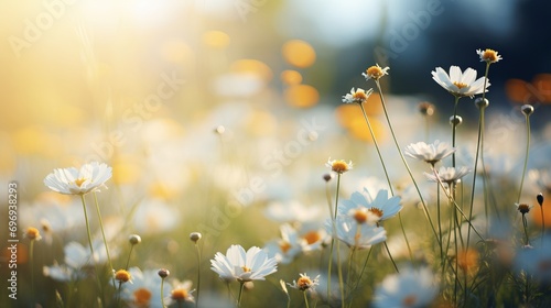 White daisy blossom on isolated magical bokeh background with copy space for text placement