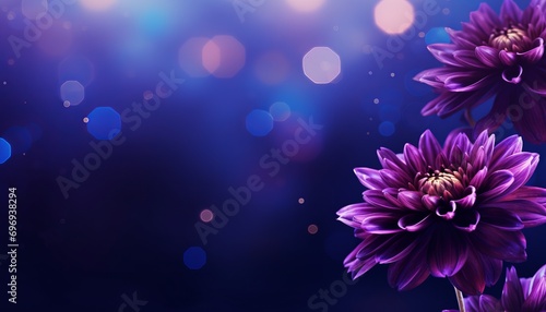 Purple dahlia on right with magical bokeh background, generous text space on left side
