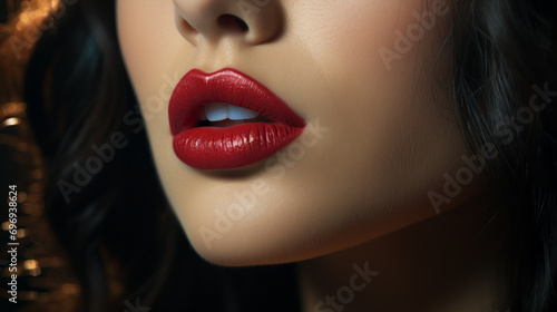 Extreme close-up of a Woman sensuous mouth slightly open to see white teeth with a red shiny and glossy lipstick and long brown hair