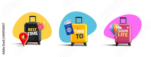 Yellow, blue and pink labels with 3d suitcase with different travel attributes like passport with tickets, clock and hot air balloons