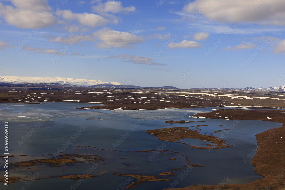 Mývatn is a shallow lake situated in an area of active volcanism in the north of Iceland, near Krafla volcano