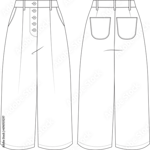 tailored pleated wide leg palazzo sailor pant trouser template technical drawing flat sketch cad mockup fashion woman style model design jean denim 