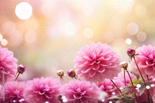 Pink dahlia on right with magical bokeh background, two thirds copy space for text on left side
