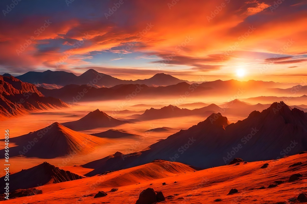 Sunrise over a vast cloud-filled valley, mountains standing as silent sentinels, the sky transitioning from deep blue to warm oranges