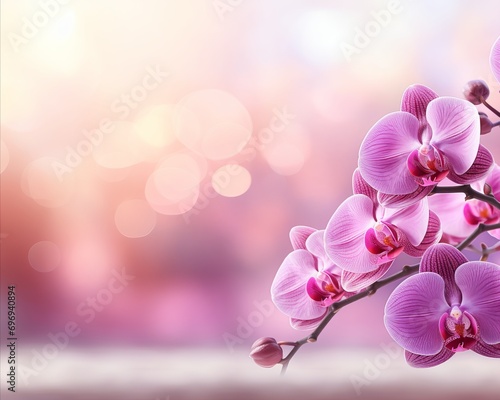 Pink orchid on isolated magical bokeh background with two thirds copy space for text placement