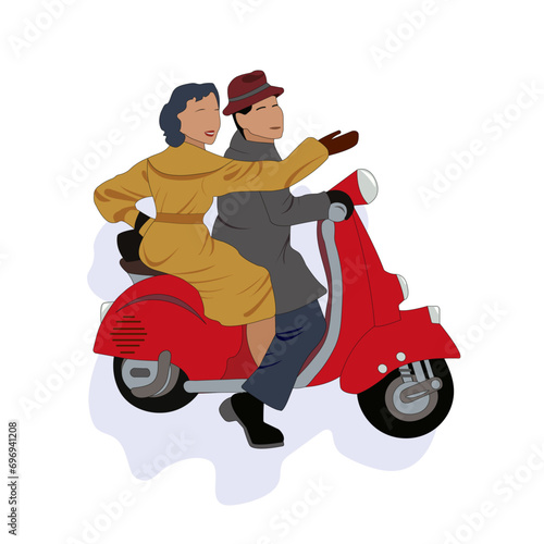 A couple in love in retro style. Man and woman riding a red scooter. A guy and a girl in love on a moped. Congratulations on Valentine's Day. 