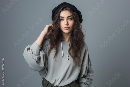 A beautiful and stylish young female model in a trendy streetwear ensemble, radiating urban chic and coolness, against a solid light gray background.