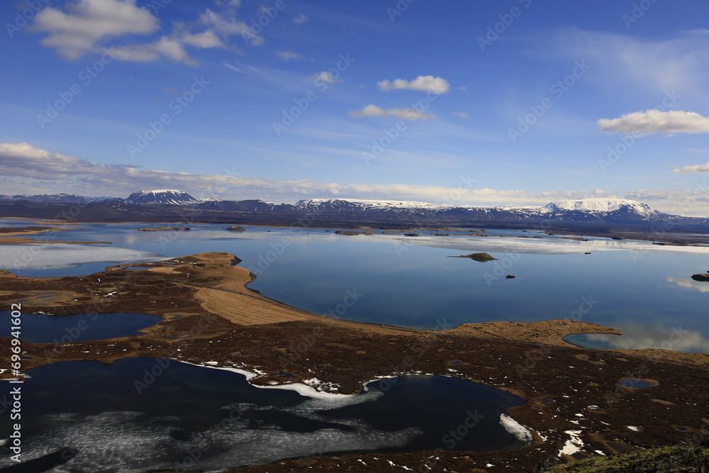 Mývatn is a shallow lake located in an area of active volcanism in northern Iceland, near the Krafla volcano