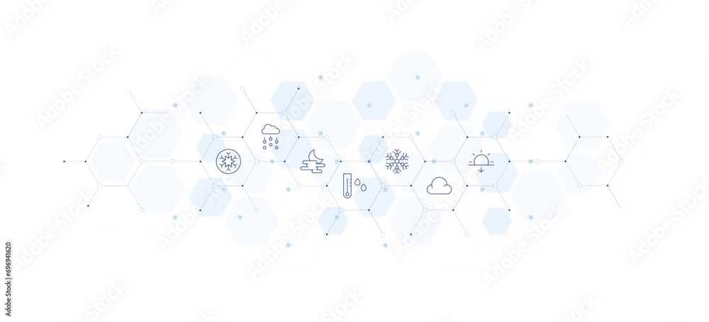Weather forecast banner vector illustration. Style of icon between. Containing snowflake, thermometer, fog, hail, sunset, cloud.