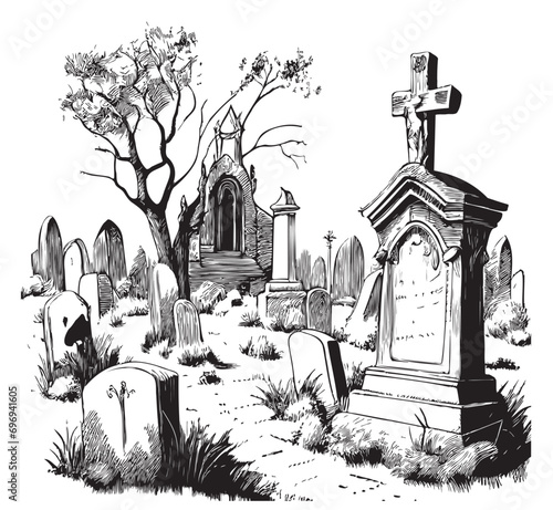 Ancient old cemetery hand drawn sketch Vector illustration