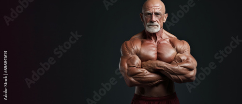 Shirtless athletic muscular elderly man stands with crossed arms on black background. Advertising banner layout for a gym or fitness trainer. © OleksandrZastrozhnov