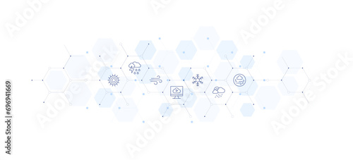 Weather forecast banner vector illustration. Style of icon between. Containing thunderstorm, sun, wind, forecast, snowflake, rain.