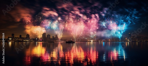 Blurred bokeh fireworks display with vibrant colors and shapes  city skyline blurred in background