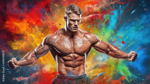 Advertising banner mockup for a gym or fitness trainer with a shirtless muscular man on a bright multi-colored splashes of paint background.