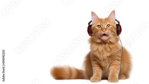 Red tabby cat in headphones meowing, white background, copy space on the left © Innese