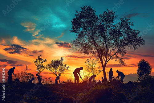 visually striking silhouettes of people planting trees against a colorful sky, symbolizing a brighter future. photo