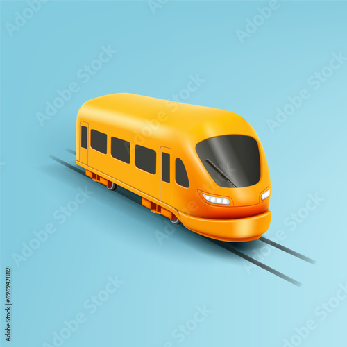 Yellow Train or metro, locomotive on rails. Modern city transport, railway commuter isolated 3d render icon