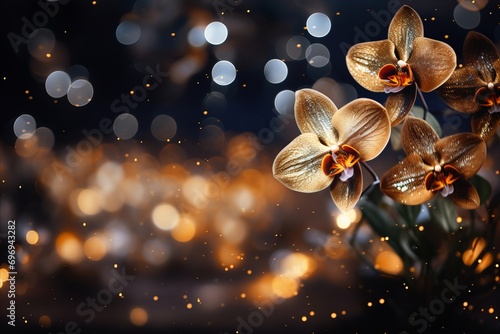 Yellow orchid blossom on right with magical bokeh background and copy space for text on left