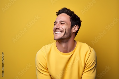 A man in a cheerful yellow sweater grinning on a soft lilac background. © Tae-Wan