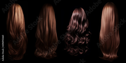 Brunette hair set - isolated black background - Ideal for hair saloons and any other beauty, wellness, and hair treatment themes - brown hair - auburn hair