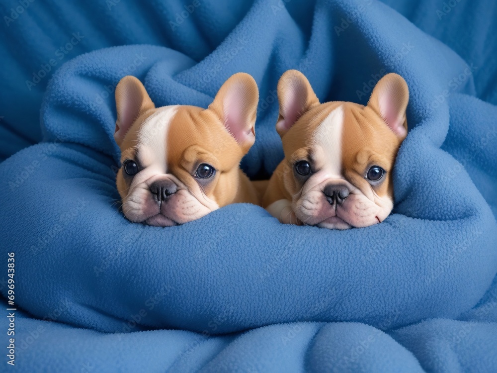 French Bulldog puppies nestled in a blue fluffy blanket resemble living clouds of tenderness. Their soft, short fur captures shades of blue, giving them an enchanting appearance.