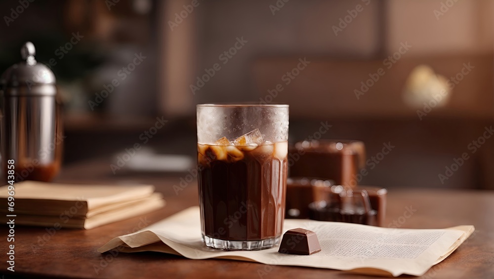 glass of cold ice coffee in minimal and classic place with newspapers glass of cold ice coffee in minimal and classic place with newspapers
