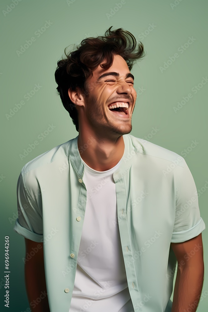 A delighted male model laughing heartily on a tranquil mint green backdrop. A delighted male model laughing heartily on a tranquil mint green backdrop.