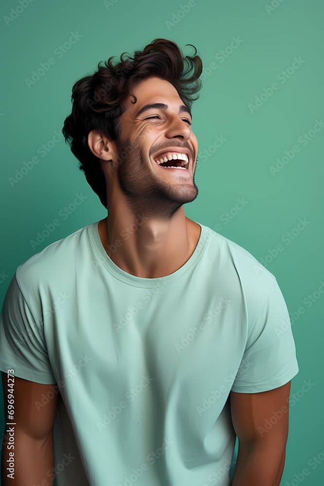 A delighted male model laughing heartily on a tranquil mint green backdrop. A delighted male model laughing heartily on a tranquil mint green backdrop.