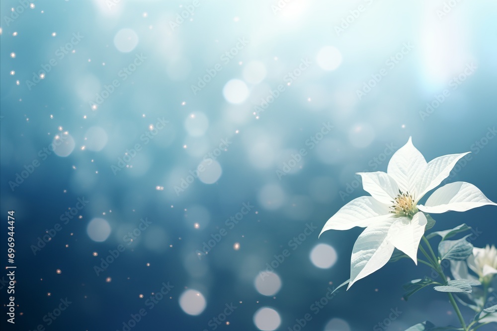 Beautiful white poinsettia on right with magical bokeh background and text space on left Beautiful white poinsettia on right with magical bokeh background and text space on left