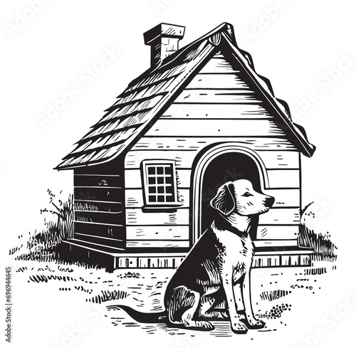 Dog sitting near the doghouse sketch hand drawn in engraving style illustration
