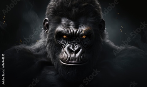 Close up of a black gorilla face. Wild animal from jungle. Generative AI © Jarspics