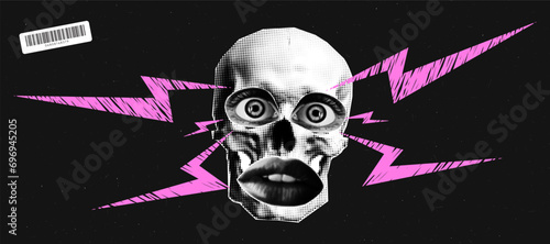 Halftone retro collage with skull with eyes and lips. Pink doodle lightning bolts with texture. Grunge black background. Punk psychedelic style.